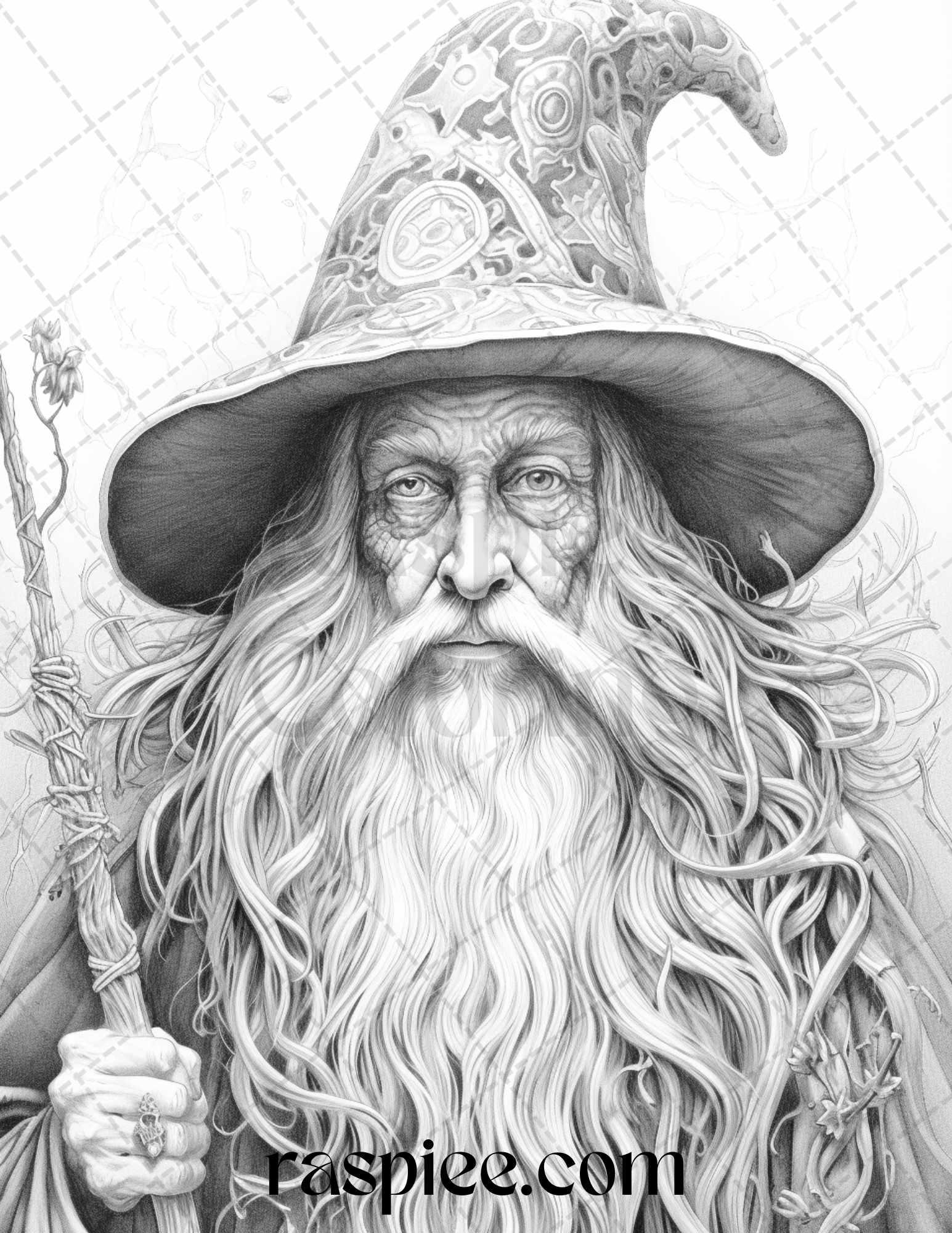 50 Magical Wizard Grayscale Coloring Pages for Adults, Printable PDF File Instant Download