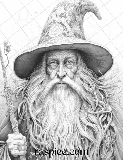 50 Magical Wizard Grayscale Coloring Pages for Adults, Printable PDF File Instant Download
