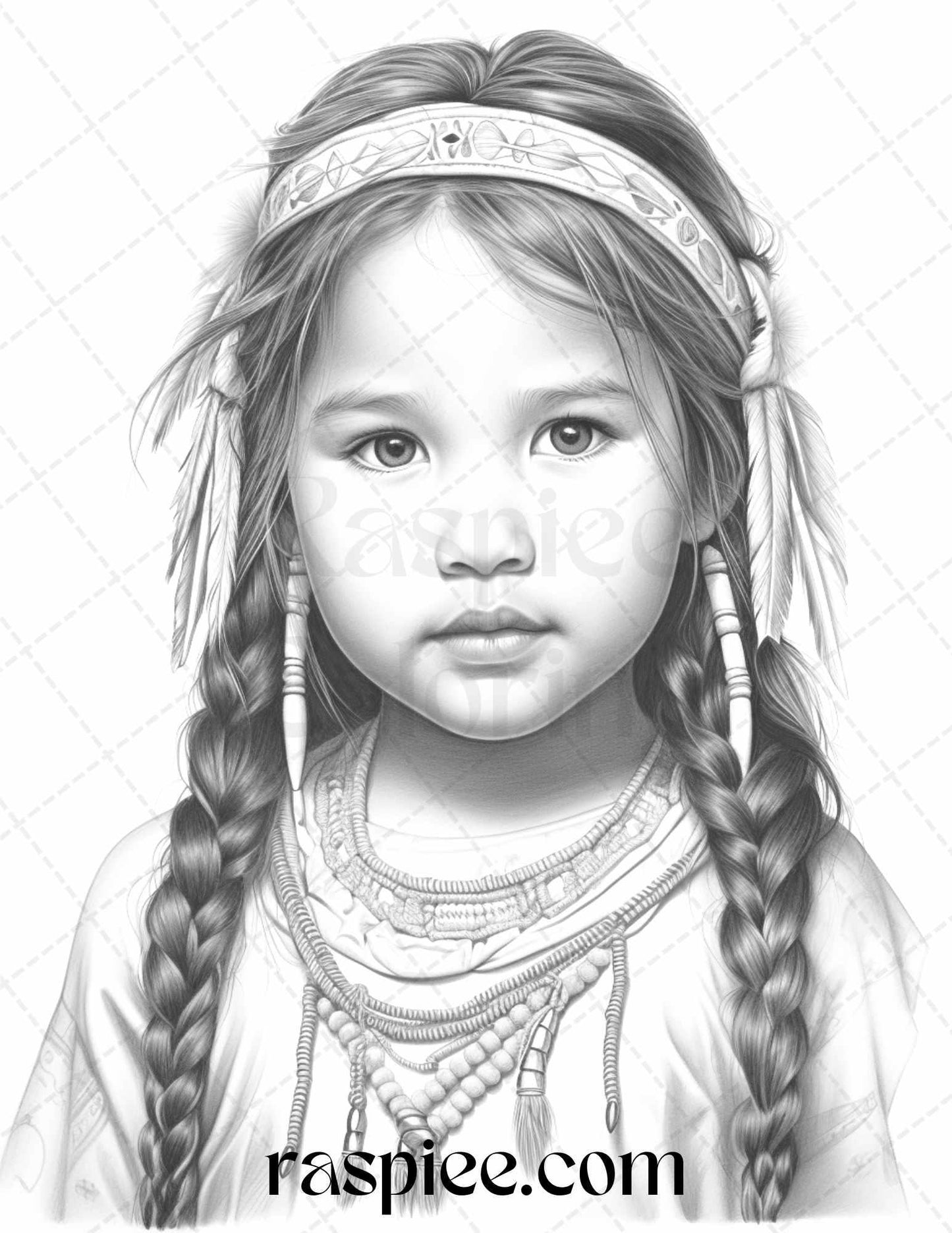 50 Native American Little Girls Boys Grayscale Coloring Pages Printable for Adults Kids, PDF File Instant Download