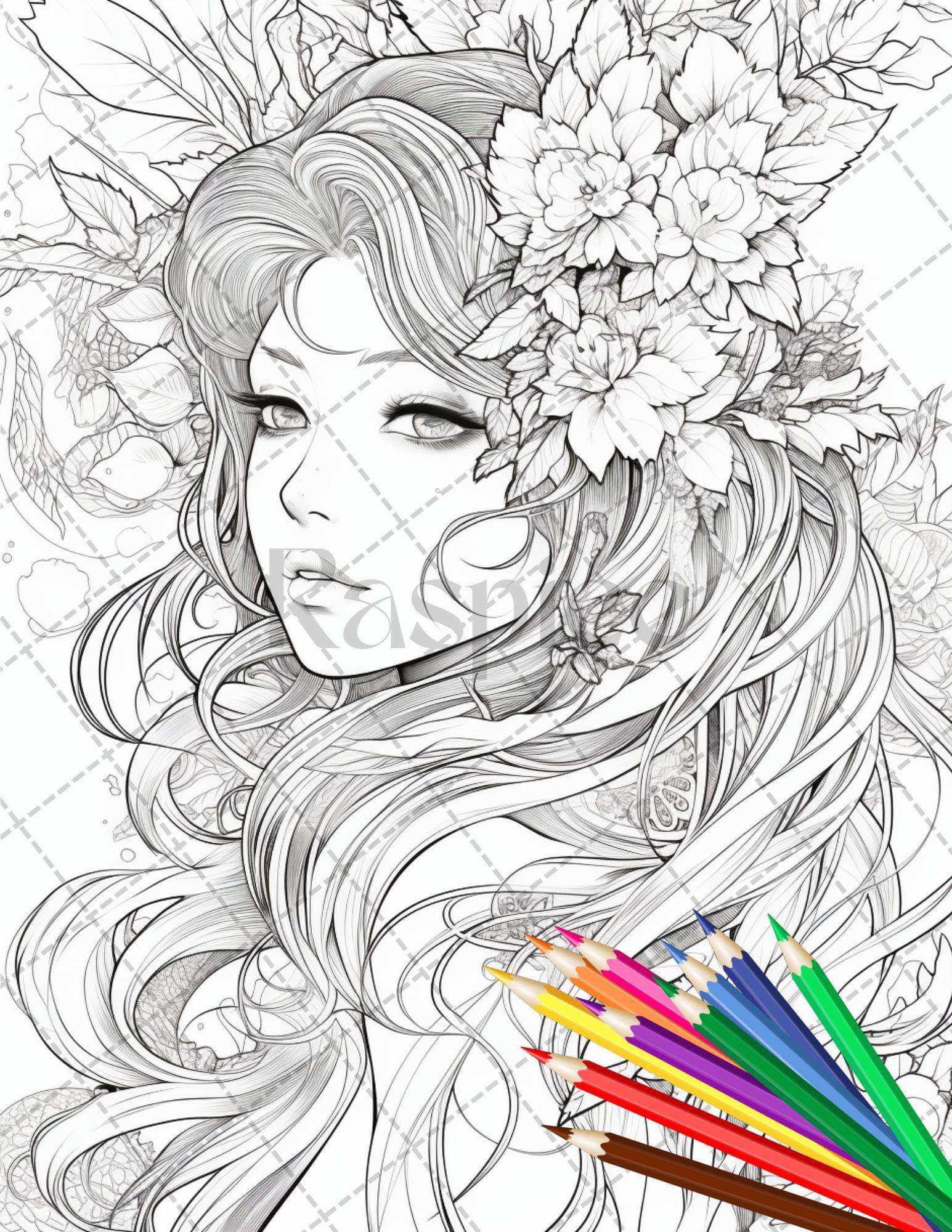 32 Anime Fairy Girl Printable Coloring Pages for Adults, Cute Fairy Grayscale Coloring Book, Printable PDF File Download