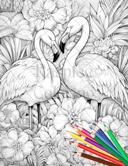 Flamingo Oasis Grayscale Coloring Pages Printable for Adults, PDF File Instant Download