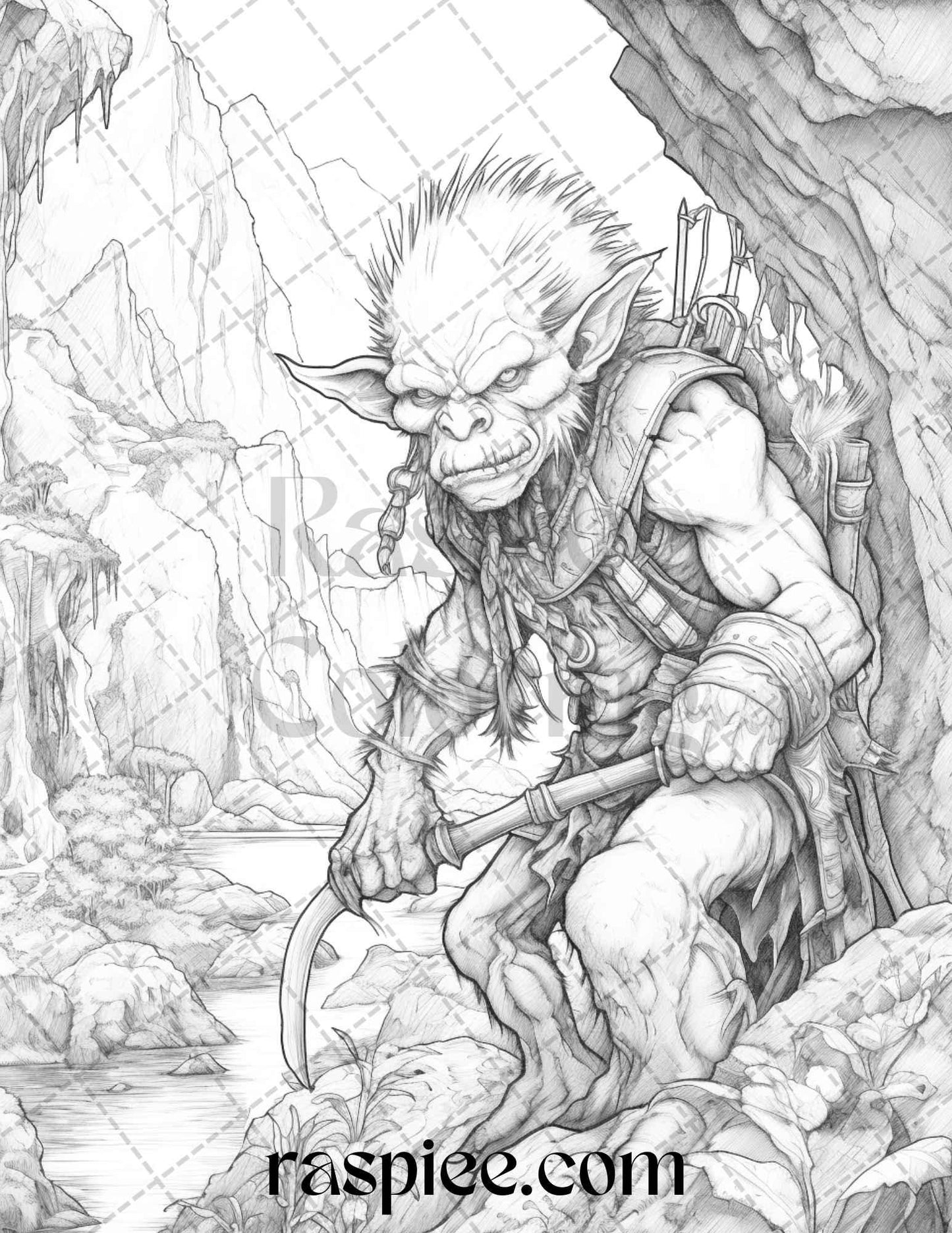 Fantasy Goblins Grayscale Coloring Pages Printable for Adults, PDF File Instant Download
