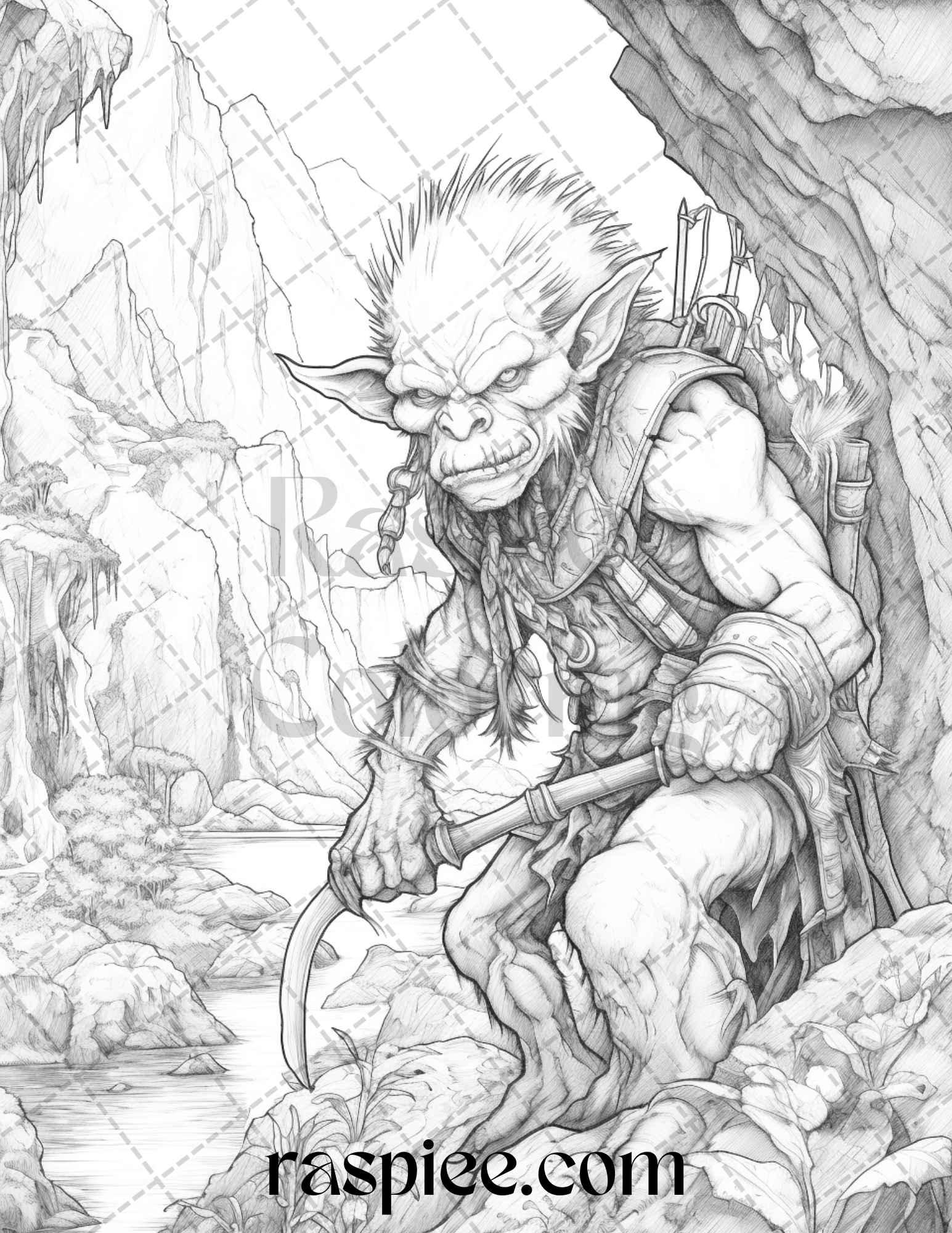 Fantasy Goblins Grayscale Coloring Pages Printable for Adults, PDF File Instant Download