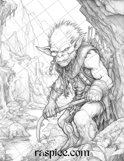 Fantasy Goblins Grayscale Coloring Pages Printable for Adults, PDF File Instant Download