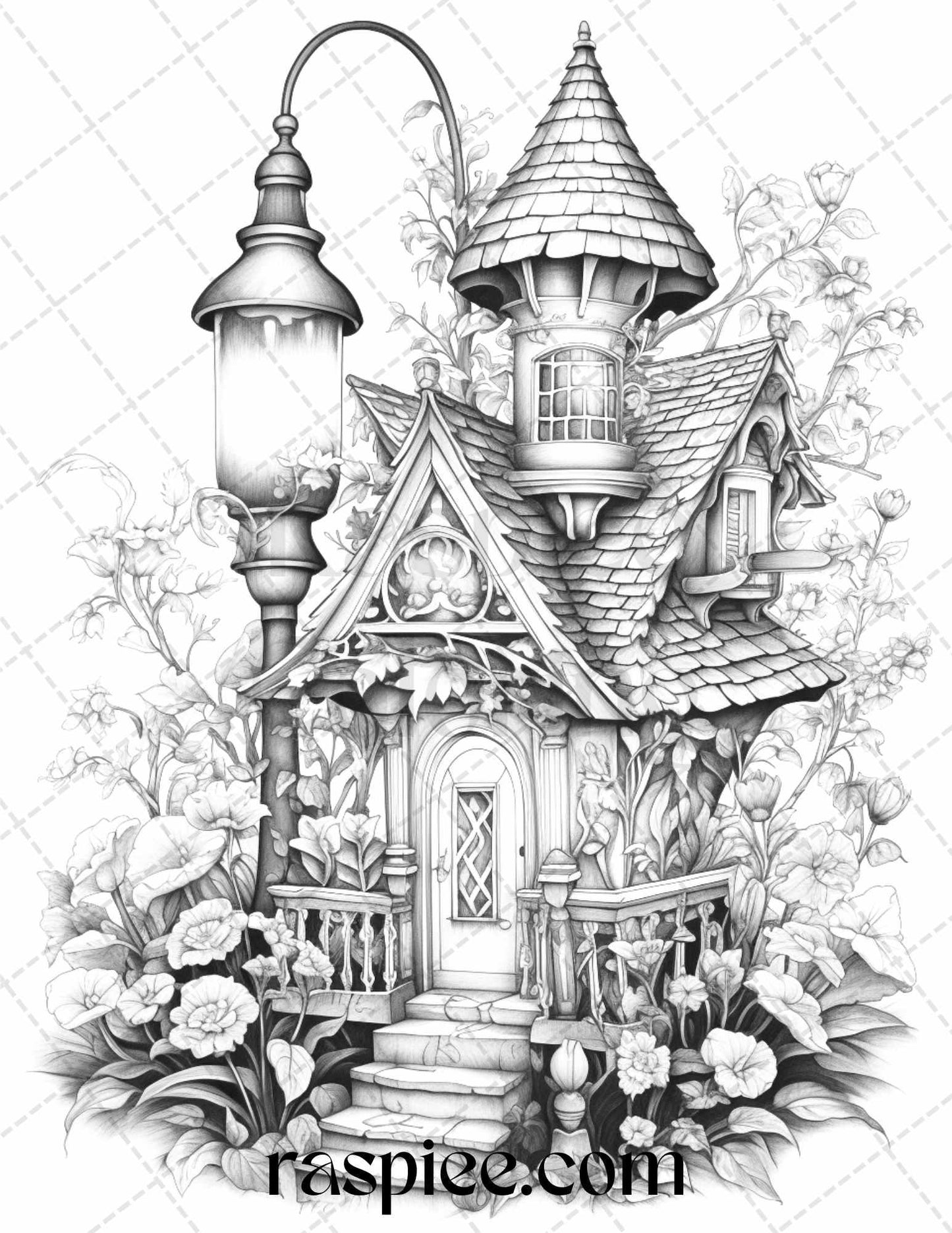 50 Lantern Fairy Houses Grayscale Coloring Pages Printable for Adults, PDF File Instant Download