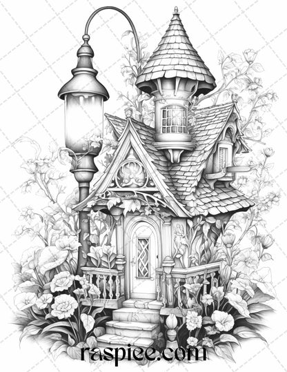 50 Lantern Fairy Houses Grayscale Coloring Pages Printable for Adults, PDF File Instant Download