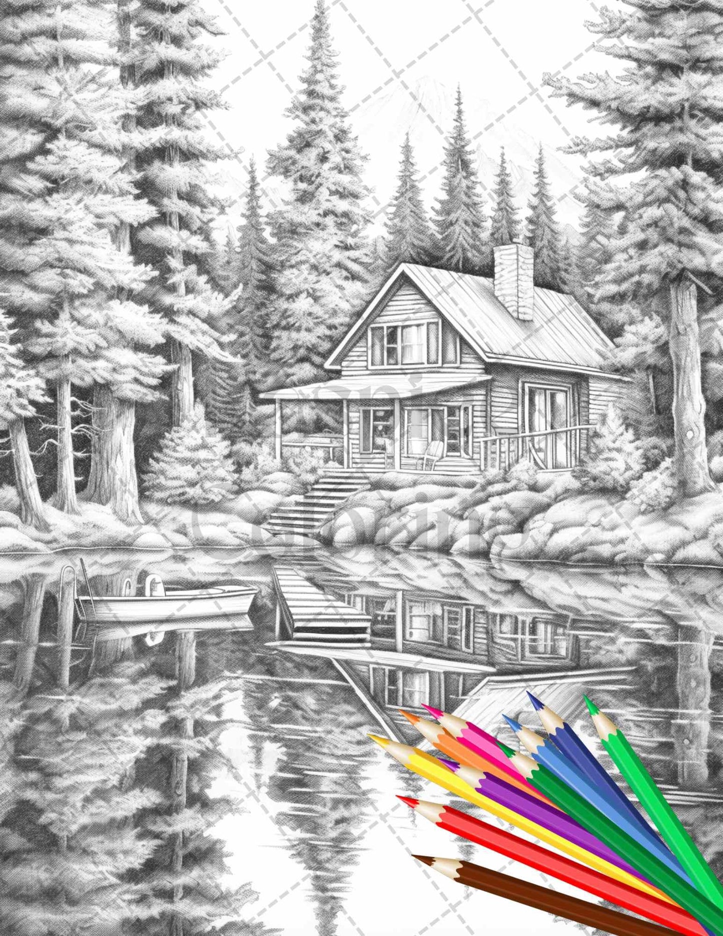 Lake Cabin Scenery Grayscale Coloring Pages Printable for Adults, PDF File Instant Download