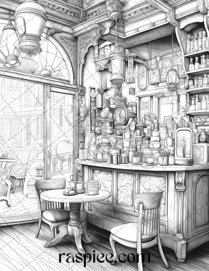50 Cozy Coffee Shop Grayscale Coloring Pages Printable for Adults, PDF File Instant Download
