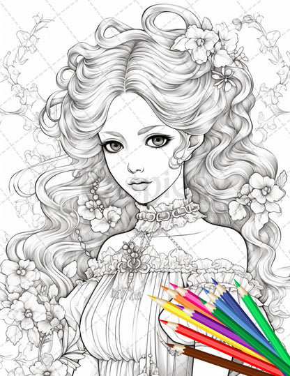 36 Beautiful Victorian Girls Coloring Pages Printable for Adults, Grayscale Coloring Page, PDF File Instant Download