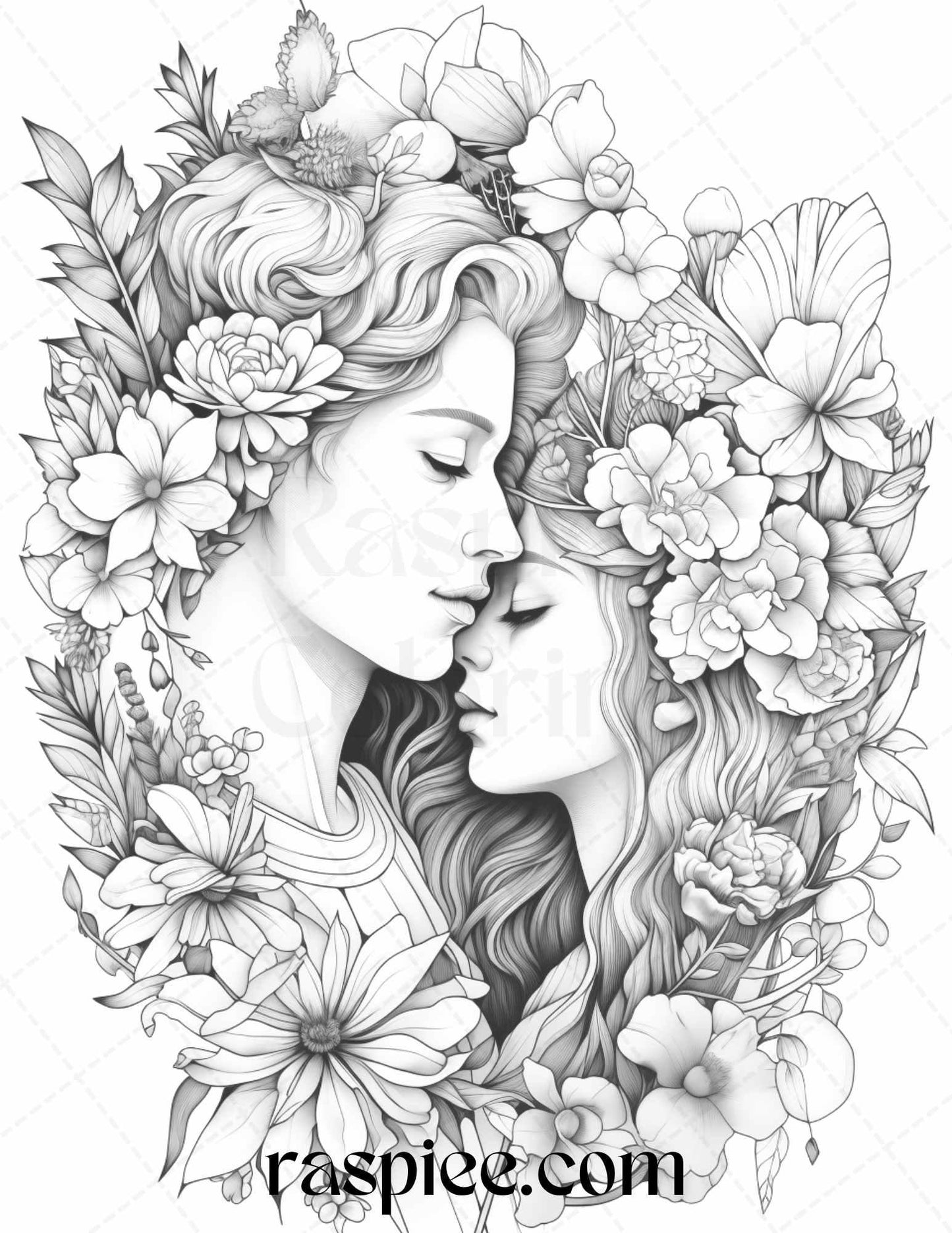 50 Romantic Couple Flowers Grayscale Coloring Pages Printable for Adults, PDF File Instant Download