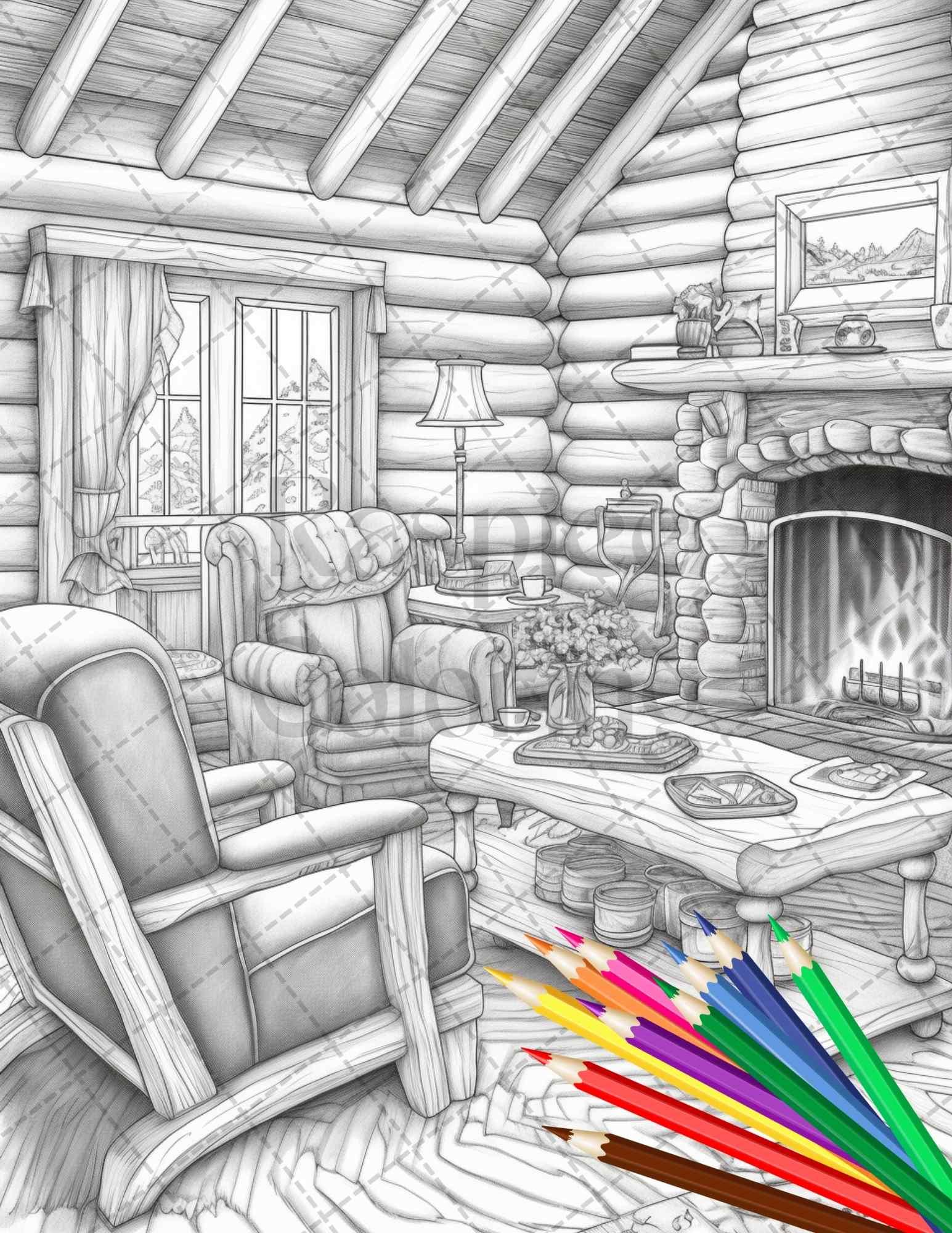 Cozy Cabin Interior Grayscale Coloring Pages Printable for Adults, PDF File Instant Download