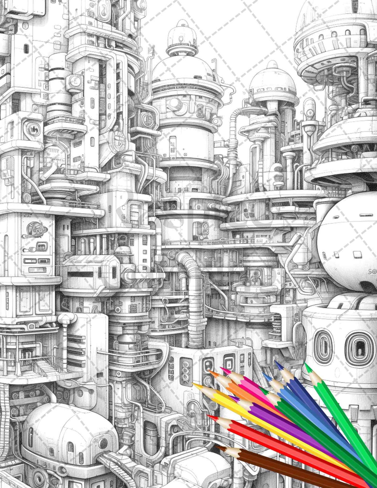 50 Futuristic Metropolis Grayscale Coloring Pages Printable for Adults, PDF File Instant Download