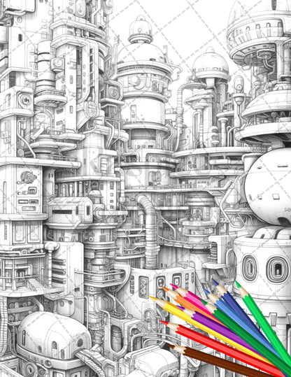 50 Futuristic Metropolis Grayscale Coloring Pages Printable for Adults, PDF File Instant Download
