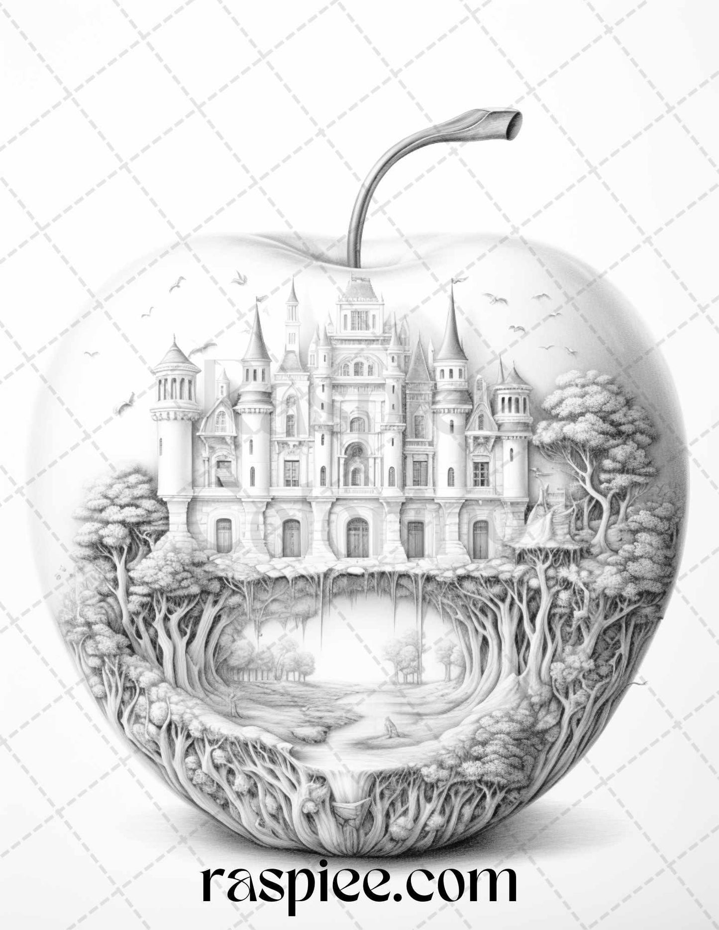 60 Miniworld in the Apple Grayscale Coloring Pages Printable for Adults, PDF File Instant Download