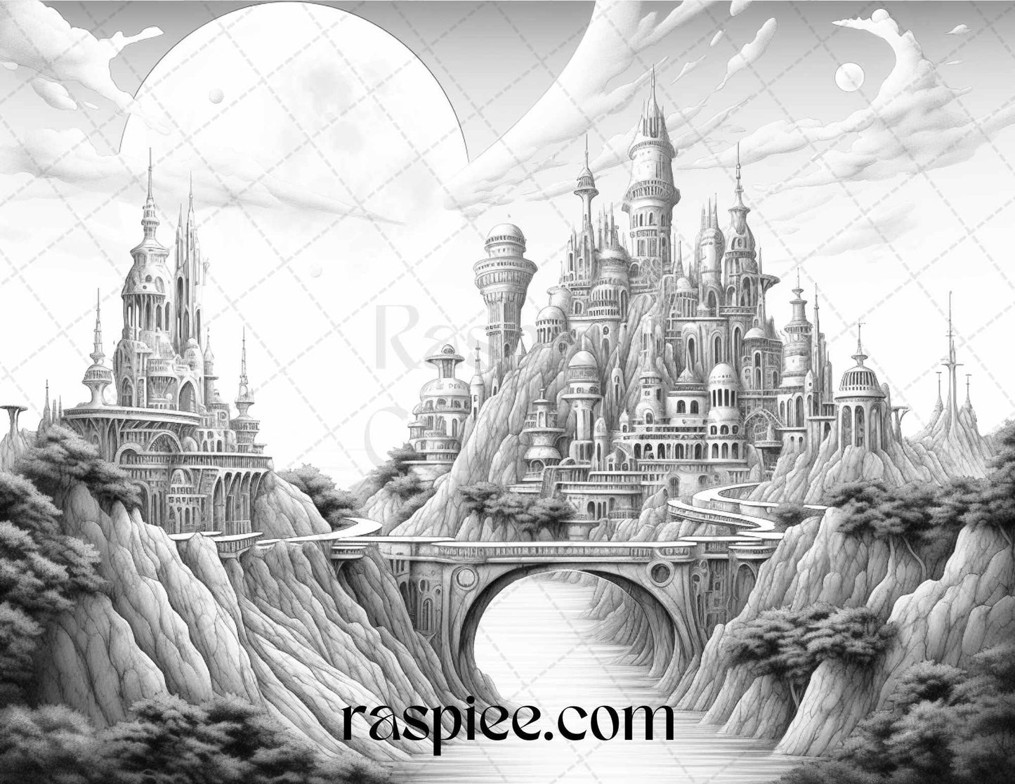 55 Celestial Landscapes Grayscale Coloring Pages Printable for Adults, PDF File Instant Download