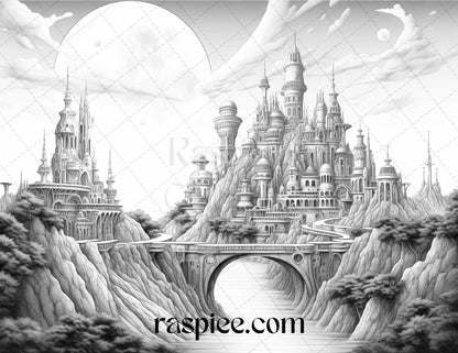 55 Celestial Landscapes Grayscale Coloring Pages Printable for Adults, PDF File Instant Download