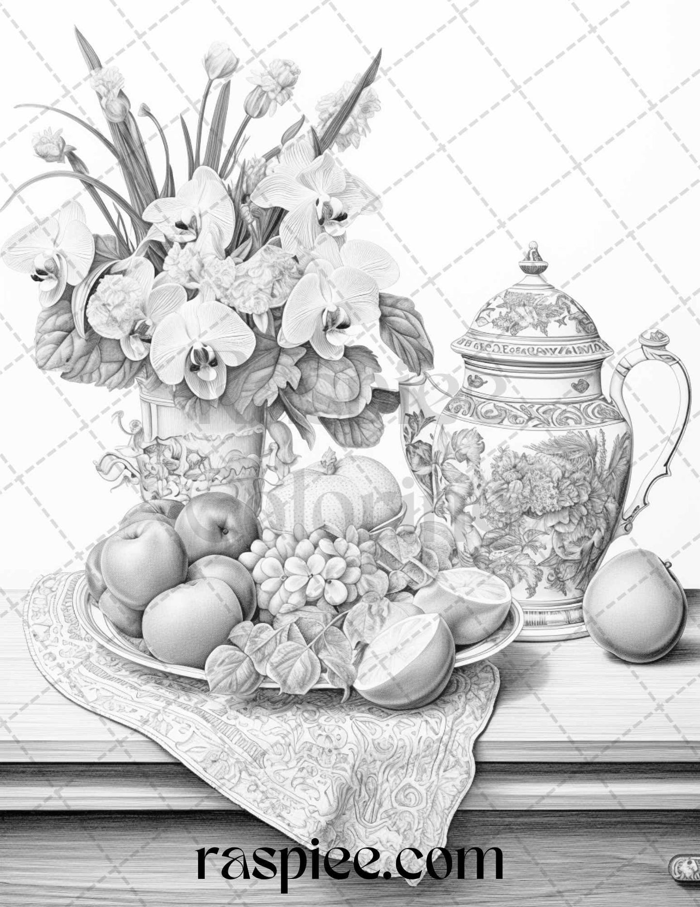 52 Still Life Grayscale Coloring Pages Printable for Adults, PDF File Instant Download