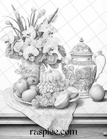 52 Still Life Grayscale Coloring Pages Printable for Adults, PDF File Instant Download