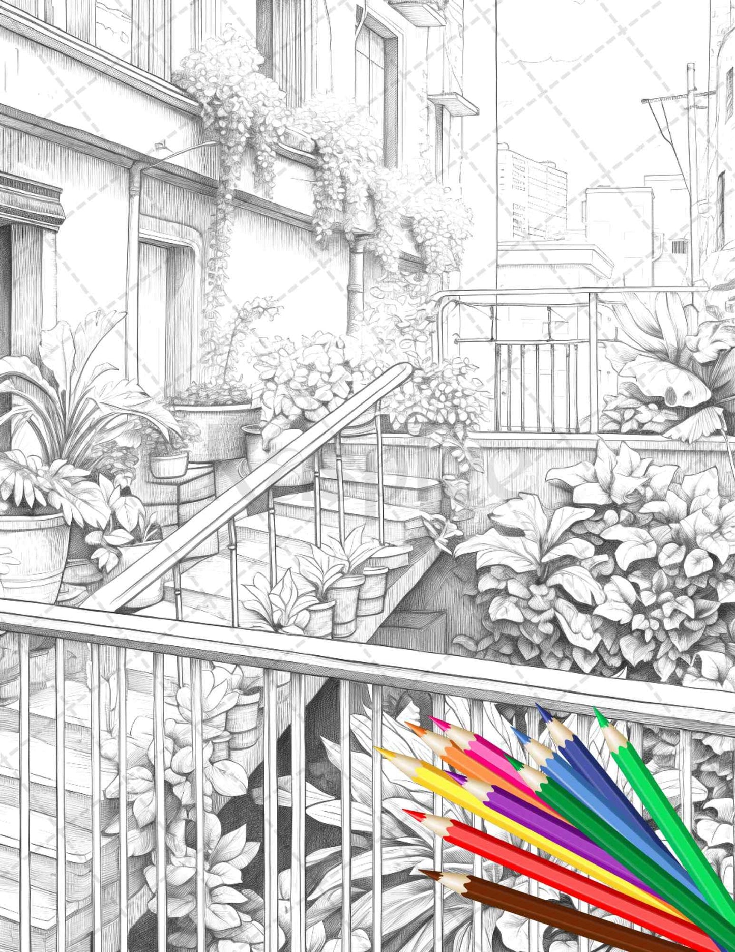 Charming Balcony Garden Grayscale Coloring Pages Printable for Adults, PDF File Instant Download