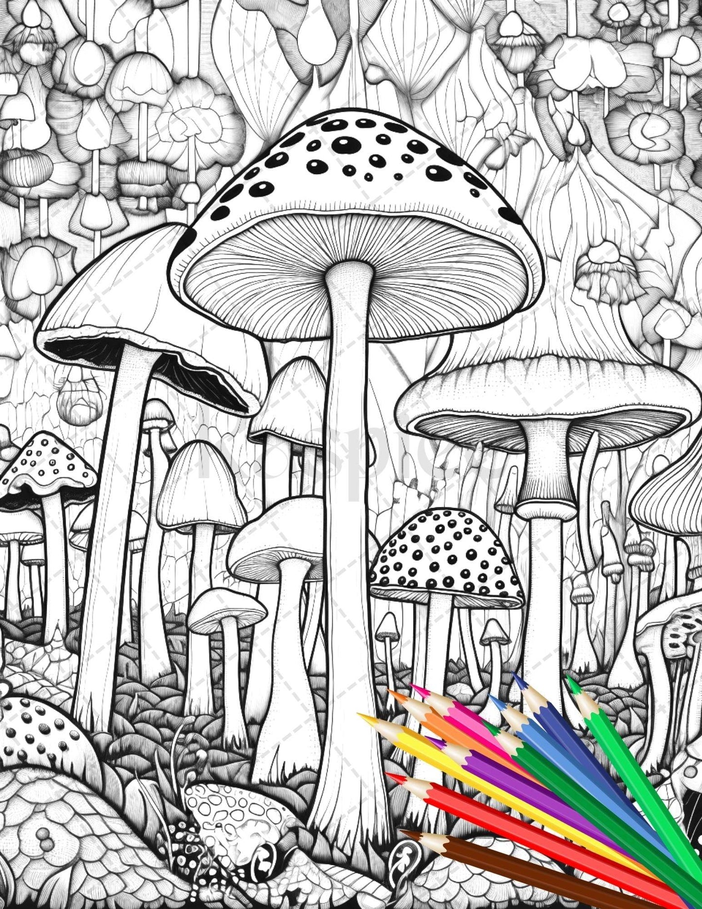 Psychedelic Mushroom Forest Coloring Book Printable for Adults, Trippy Grayscale Coloring Page, PDF File Instant Download