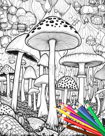 Psychedelic Mushroom Forest Coloring Book Printable for Adults, Trippy Grayscale Coloring Page, PDF File Instant Download