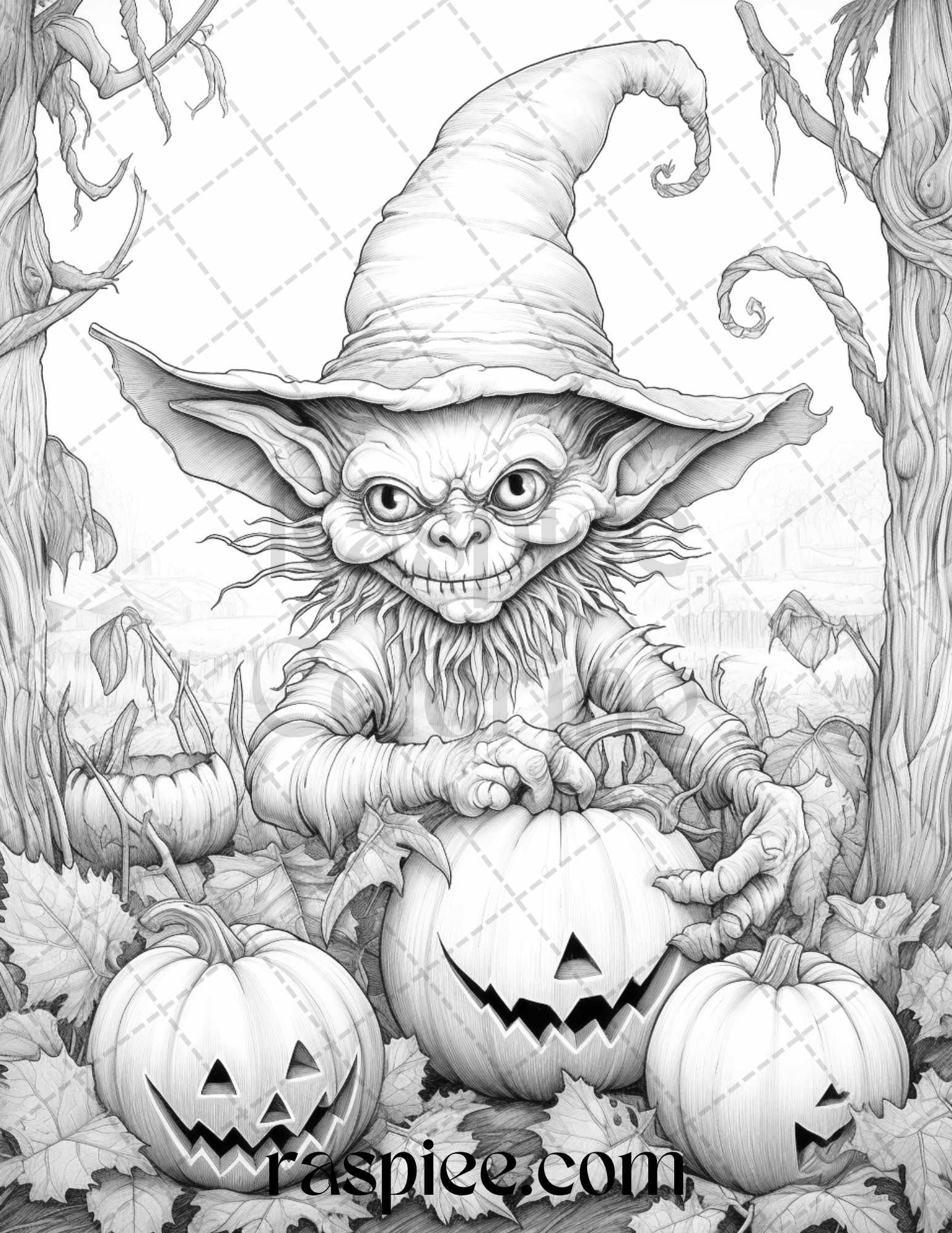 50 Halloween Goblin Grayscale Coloring Pages Printable for Adults, PDF File Instant Download