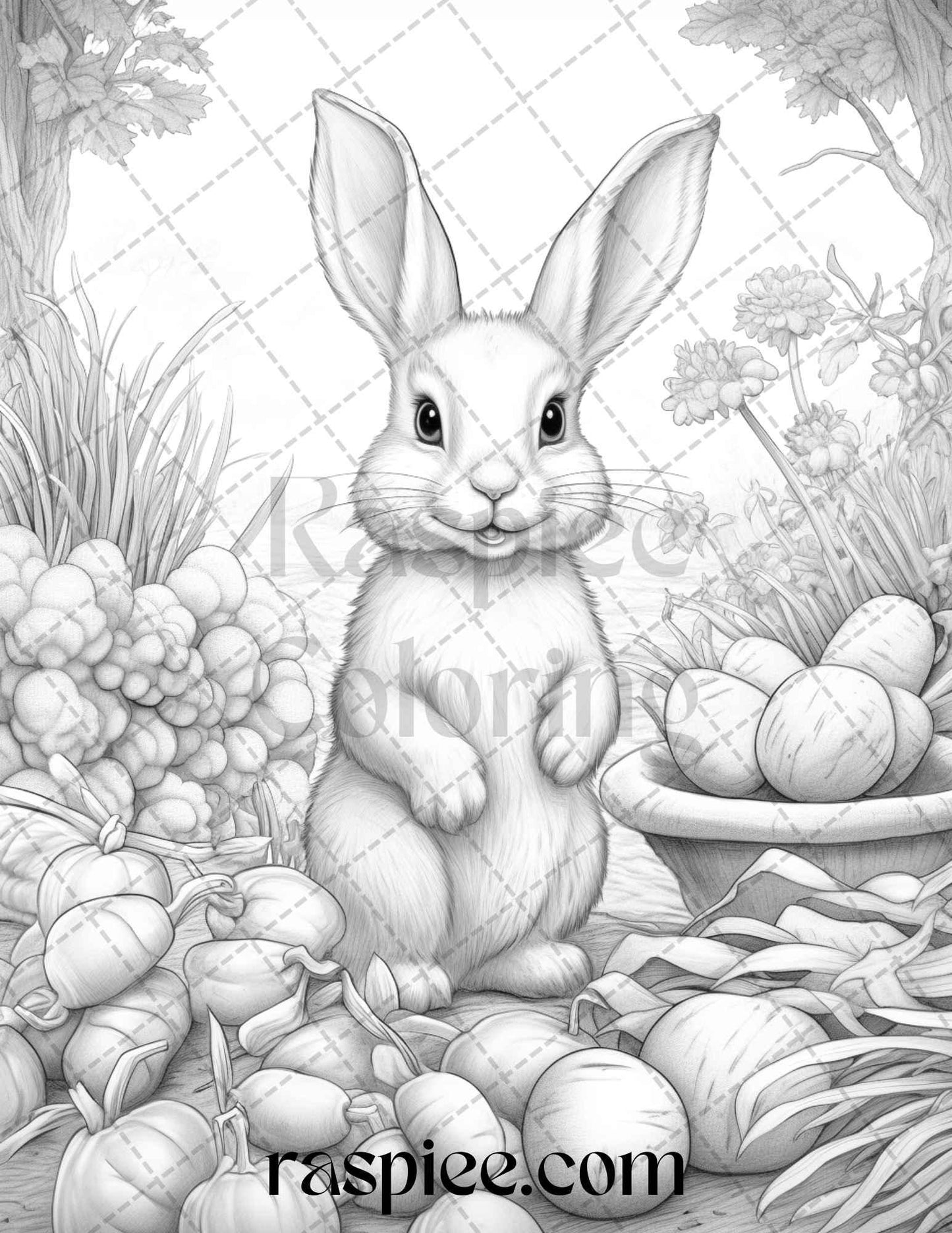50 Rabbit Garden Grayscale Coloring Pages Printable for Adults, PDF File Instant Download