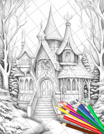 63 Winter Fairy Houses Grayscale Coloring Pages Printable for Adults, PDF File Instant Download