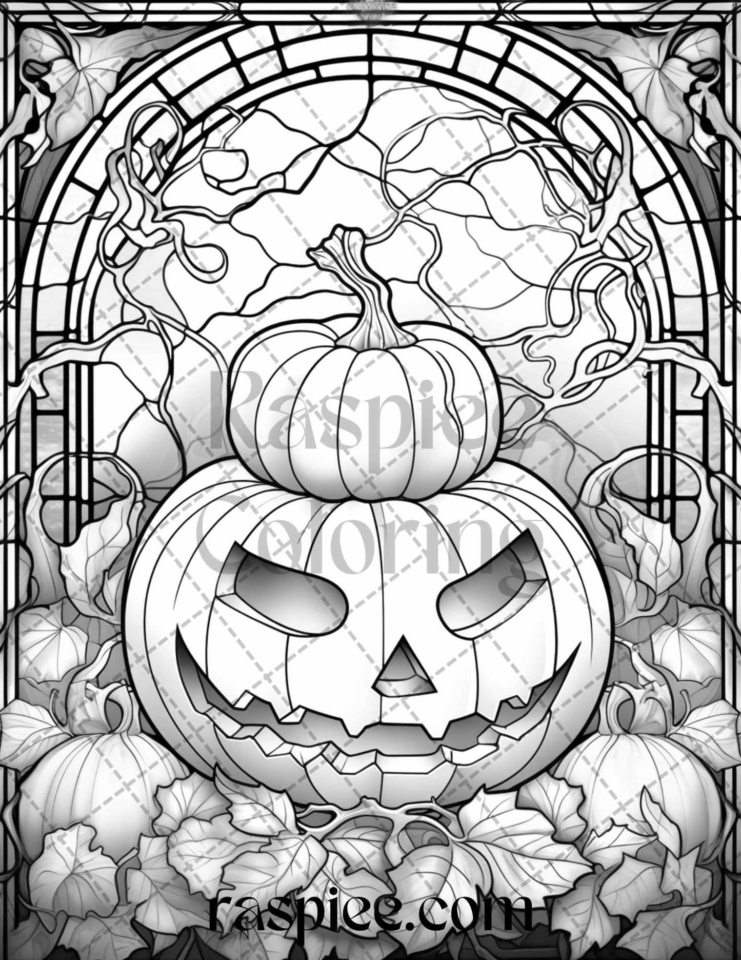 70 Halloween Stained Glass Grayscale Coloring Pages Printable for Adults, PDF File Instant Download