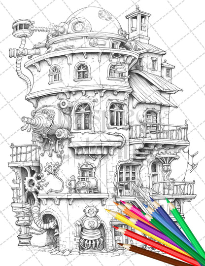 50 Steampunk Houses Grayscale Coloring Pages Printable for Adults, PDF File Instant Download