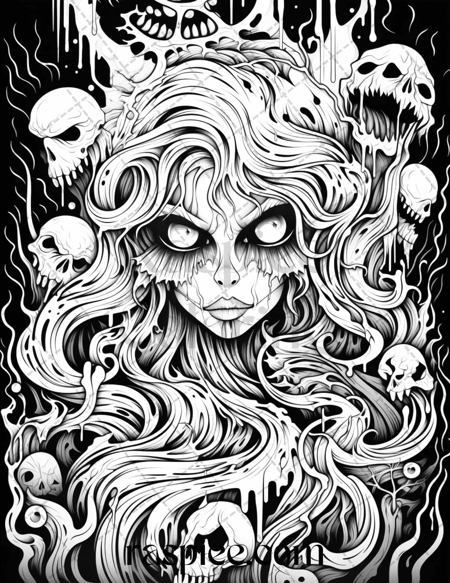 50 Spooky Miss Nightmare Grayscale Coloring Pages Printable for Adults, PDF File Instant Download