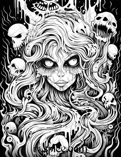 50 Spooky Miss Nightmare Grayscale Coloring Pages Printable for Adults, PDF File Instant Download