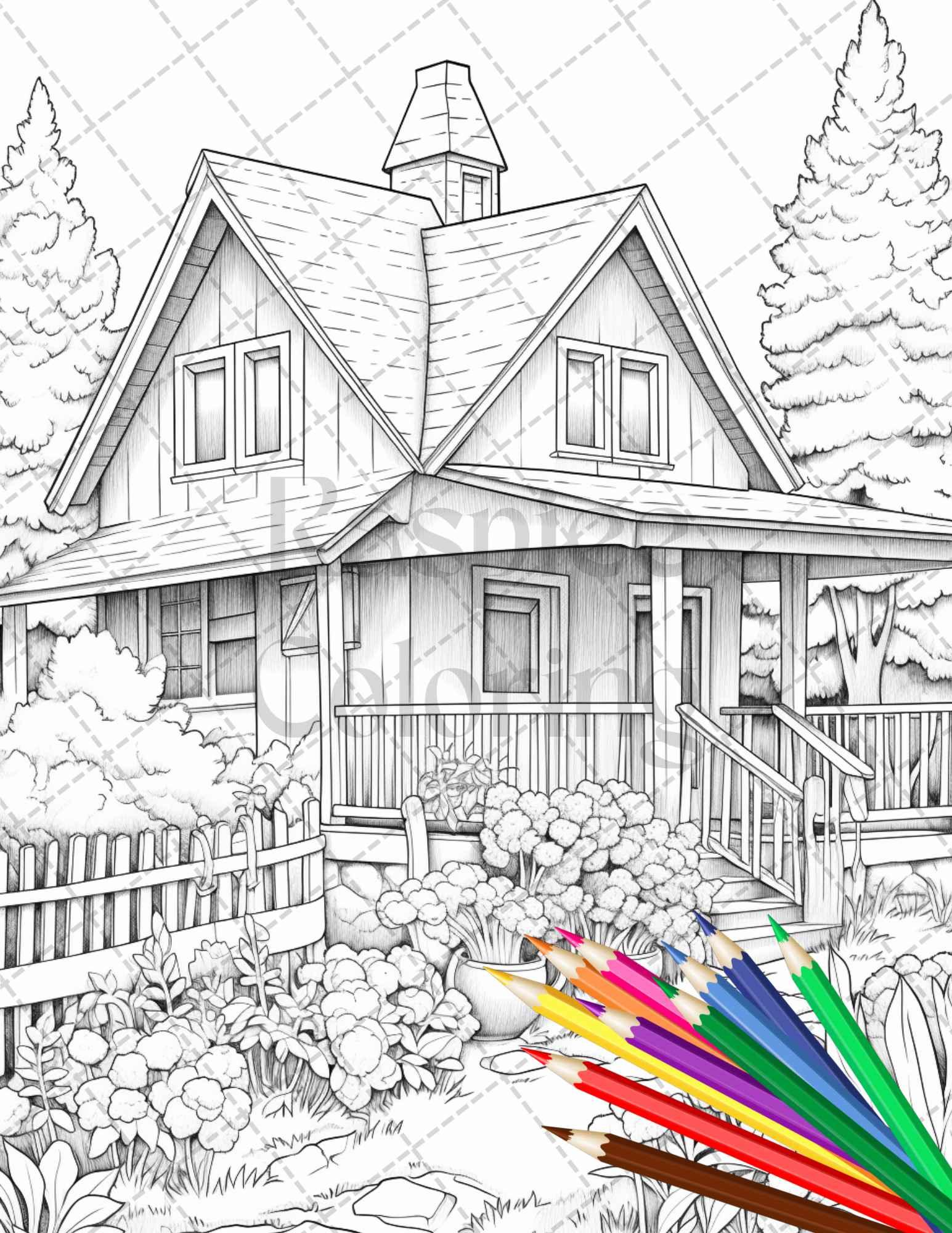 Charming Farmhouse Scenery Grayscale Coloring Pages Printable for Adults, PDF File Instant Download