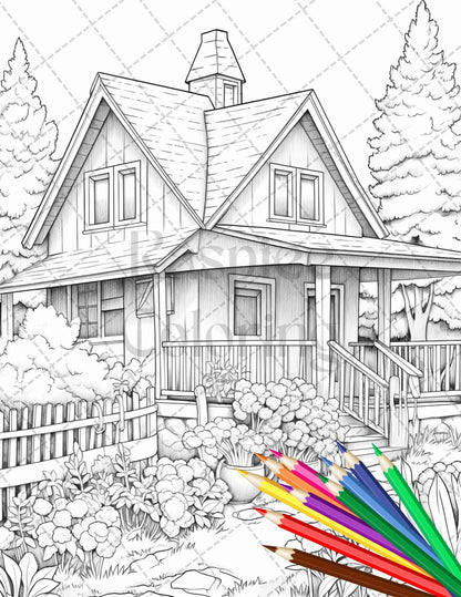 Charming Farmhouse Scenery Grayscale Coloring Pages Printable for Adults, PDF File Instant Download