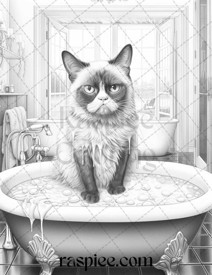 50 Grumpy Cat Grayscale Coloring Pages Printable for Adults, PDF File Instant Download