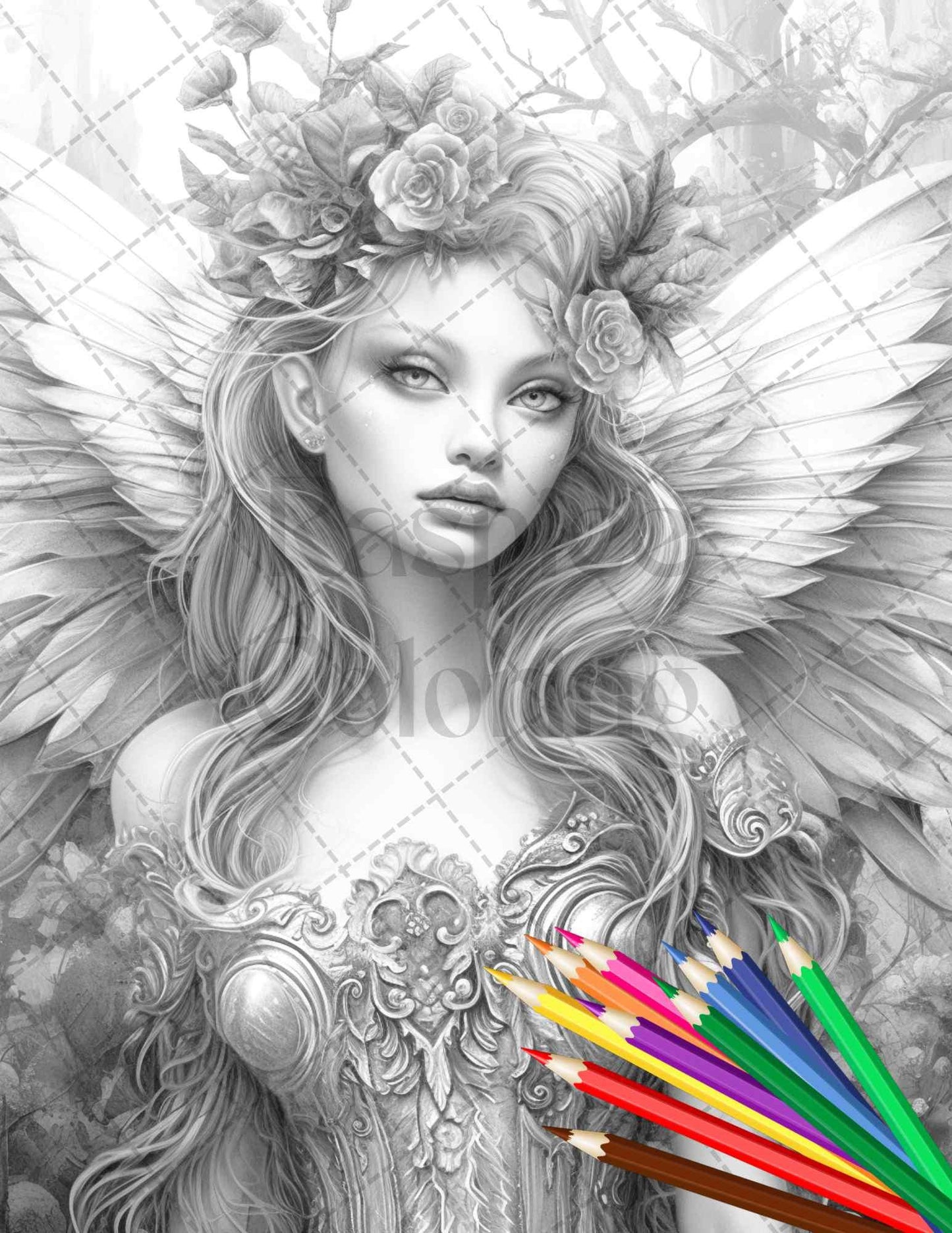Beautiful Dark Fairy Grayscale Coloring Pages Printable for Adults, PDF File Instant Download