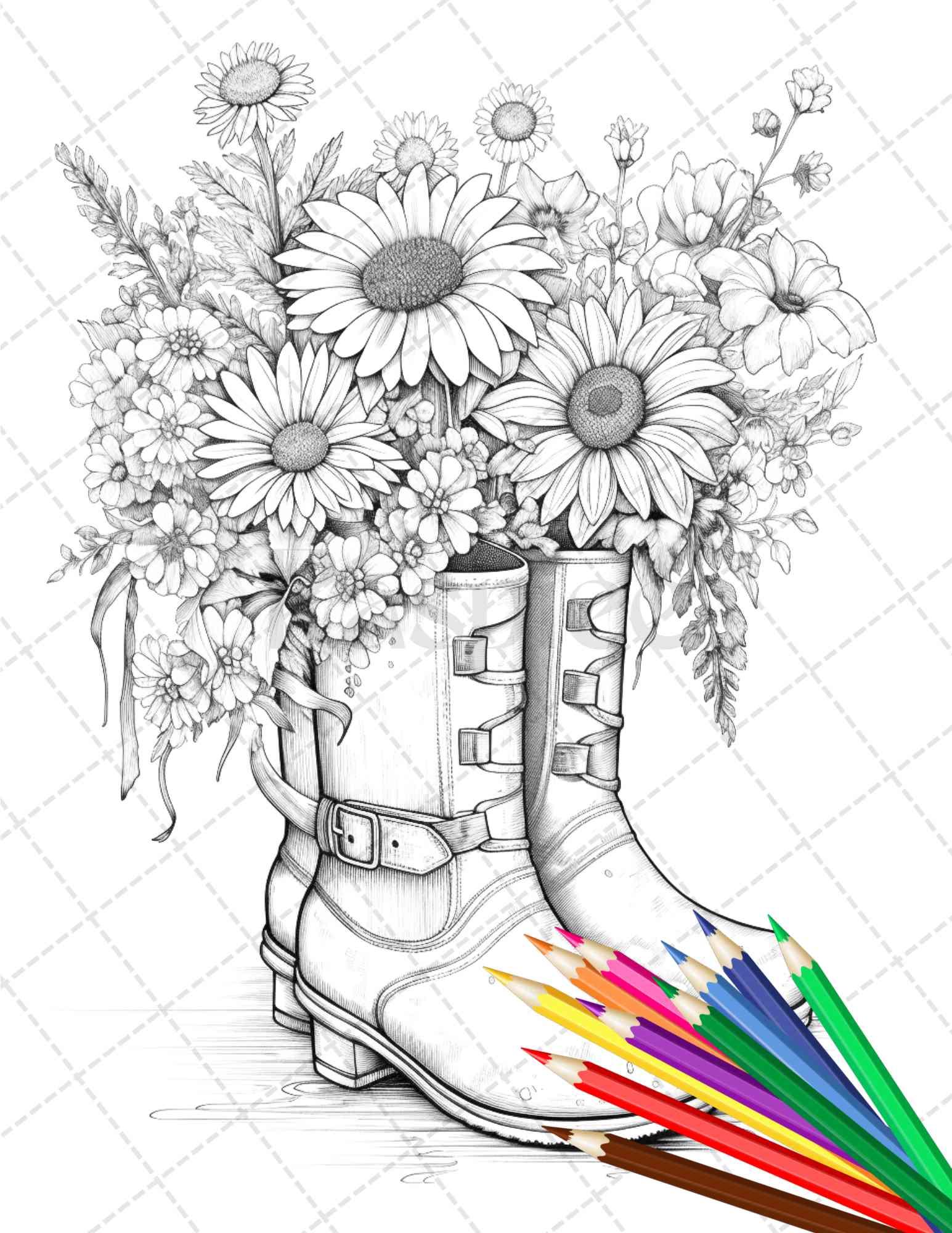 32 Flower Boots Coloring Pages Printable for Adults, Floral Grayscale Coloring Page, PDF File Instant Download