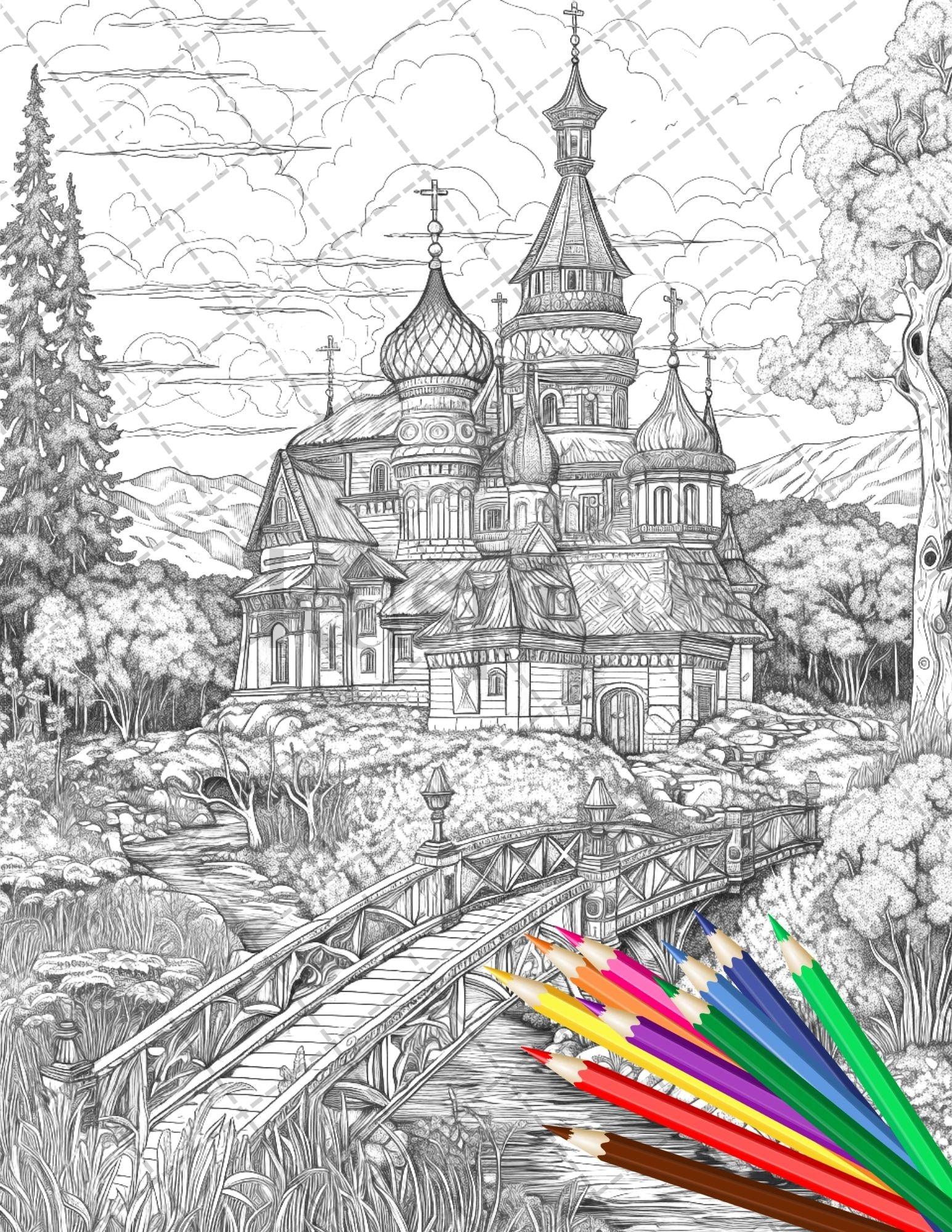 122 Fantasy Castles Coloring Book for Adults, Grayscale Coloring Page, Printable PDF Instant Download