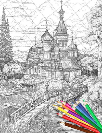 122 Fantasy Castles Coloring Book for Adults, Grayscale Coloring Page, Printable PDF Instant Download
