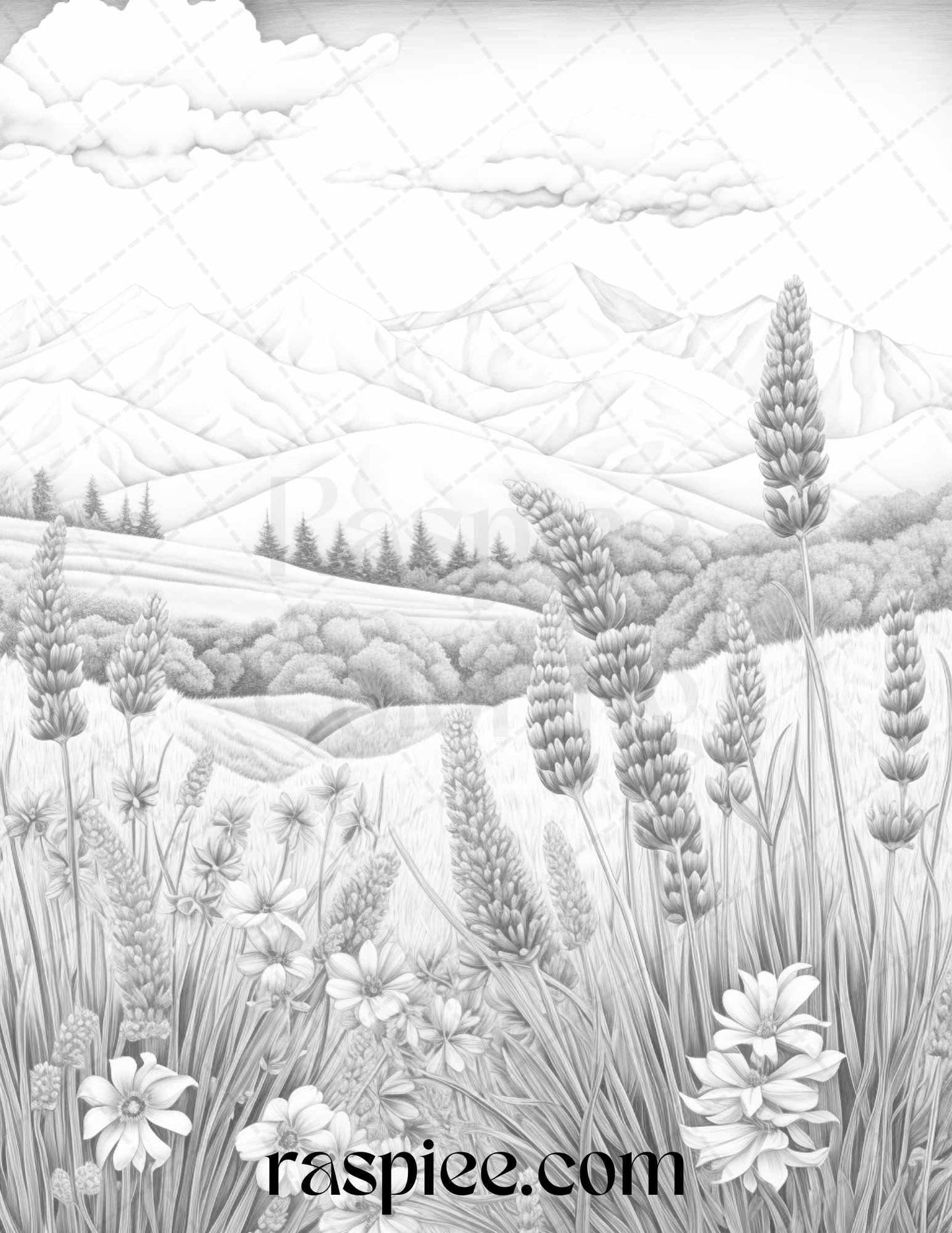 60 Mountain Flower Landscapes Grayscale Coloring Pages Printable for Adults, PDF File Instant Download
