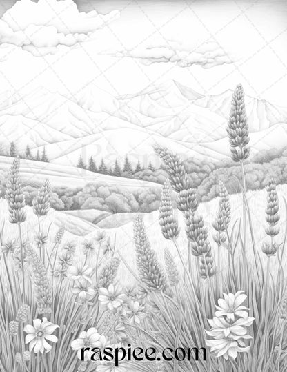 60 Mountain Flower Landscapes Grayscale Coloring Pages Printable for Adults, PDF File Instant Download