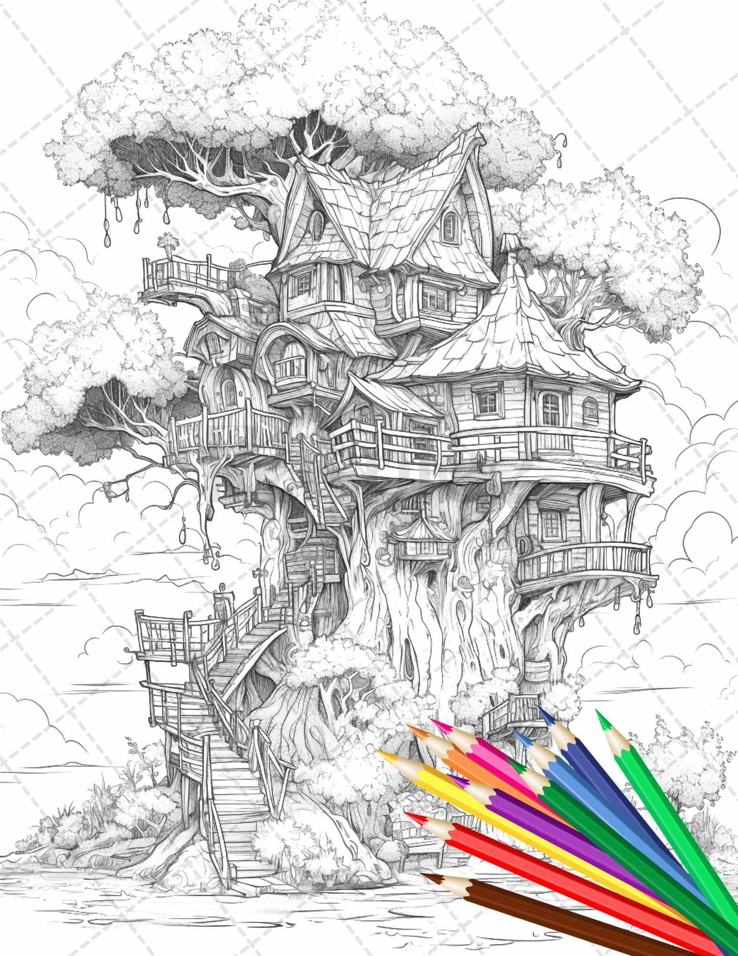 110 Enchanted Treehouse Coloring Book Printable for Adults, Grayscale Coloring Page, PDF File Instant Download