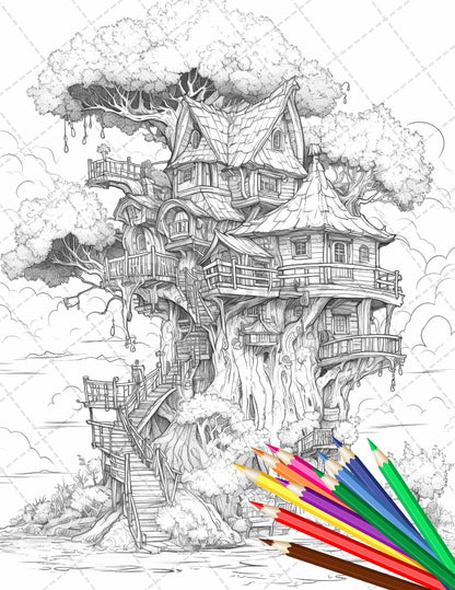 110 Enchanted Treehouse Coloring Book Printable for Adults, Grayscale Coloring Page, PDF File Instant Download
