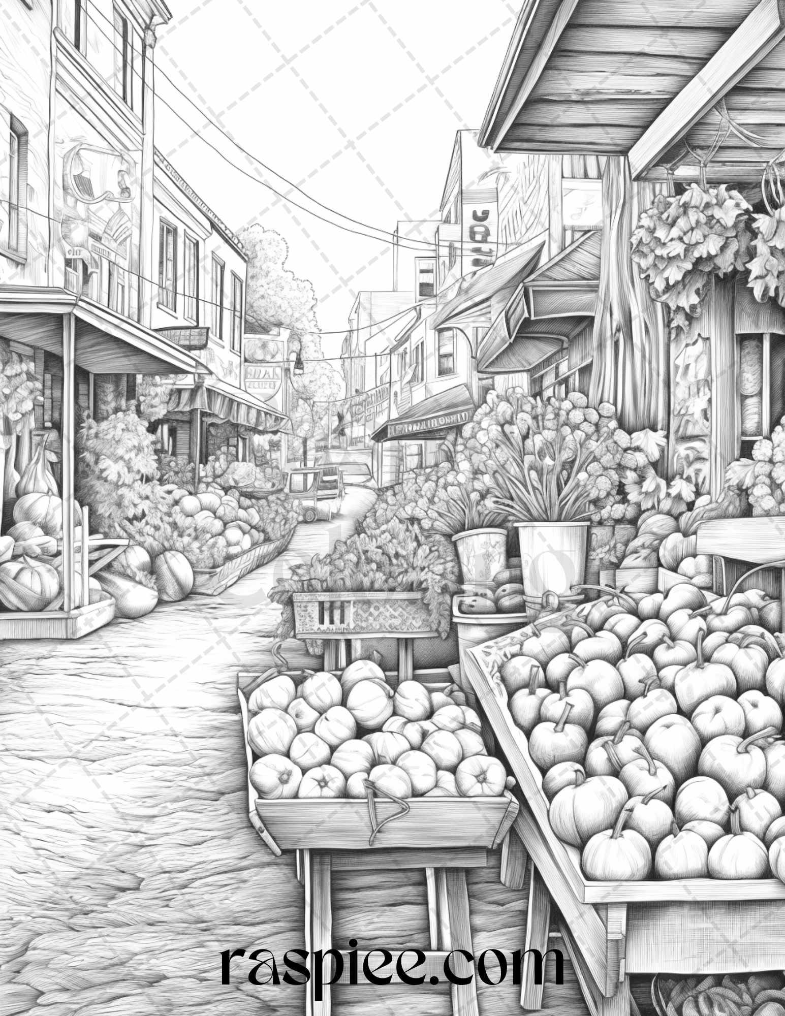 Autumn Street Markets Grayscale Coloring Pages for Adults, Printable PDF File Instant Download