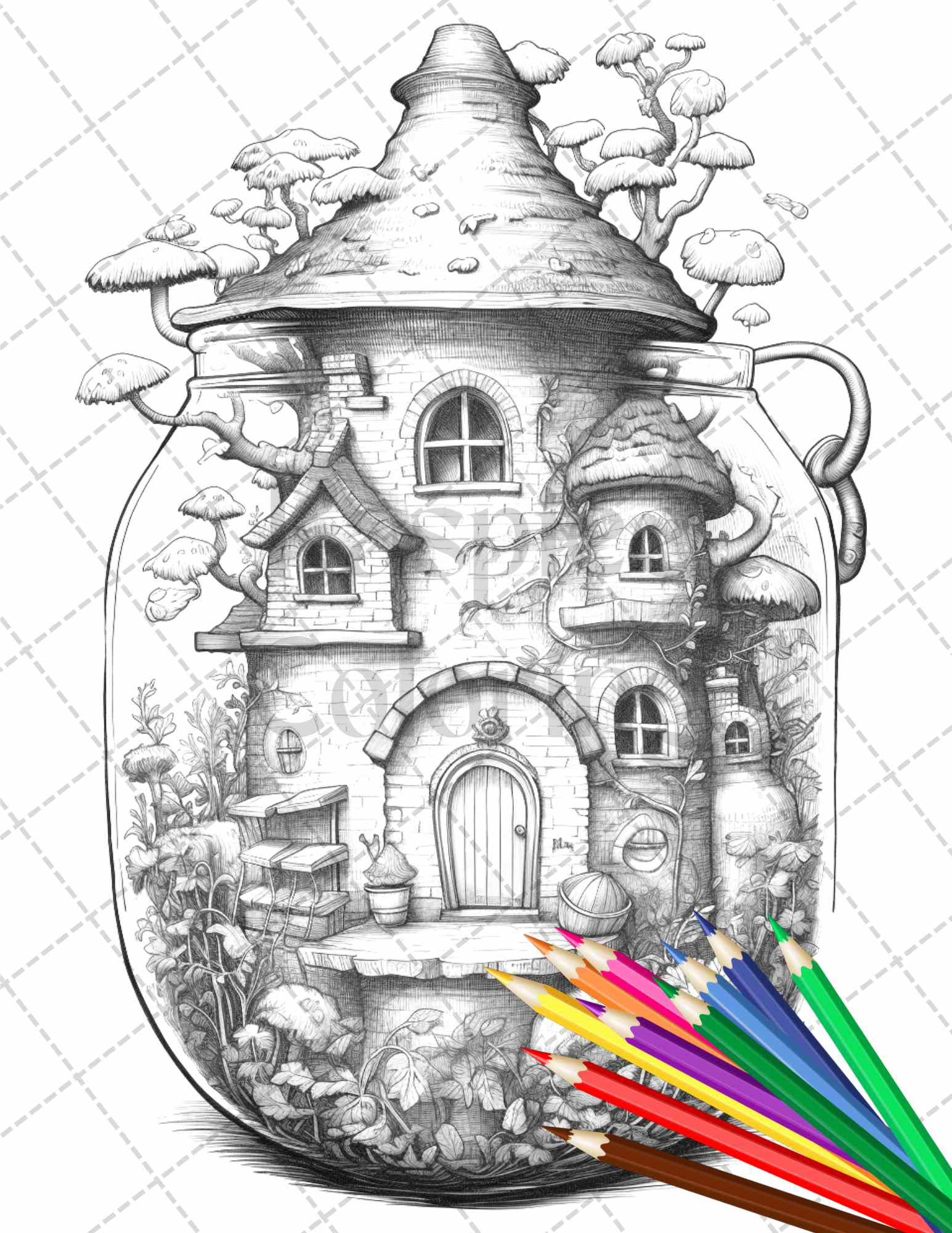 Fairy House in Jar Grayscale Coloring Pages Printable for Adults, PDF File Instant Download