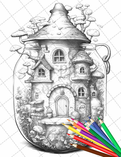Fairy House in Jar Grayscale Coloring Pages Printable for Adults, PDF File Instant Download
