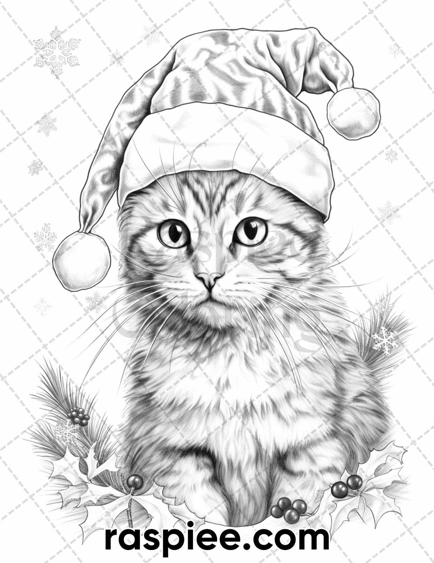 40 Christmas Cats Grayscale Coloring Pages for Adults, Printable PDF Instant Download