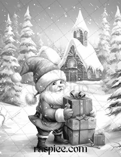 60 Christmas Gnomes Grayscale Coloring Pages Printable for Adults and Kids, PDF File Instant Download