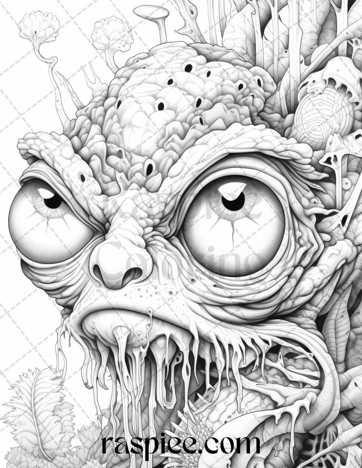 53 Surreal Creatures Grayscale Coloring Pages for Adults, Printable PDF File Instant Download