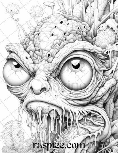 53 Surreal Creatures Grayscale Coloring Pages for Adults, Printable PDF File Instant Download